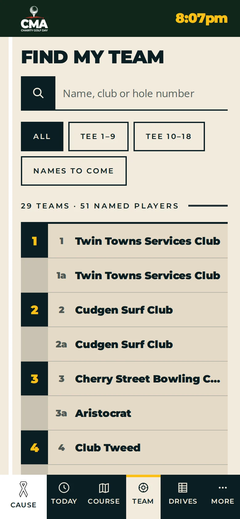 The app's find-my-team screen listing the competing clubs