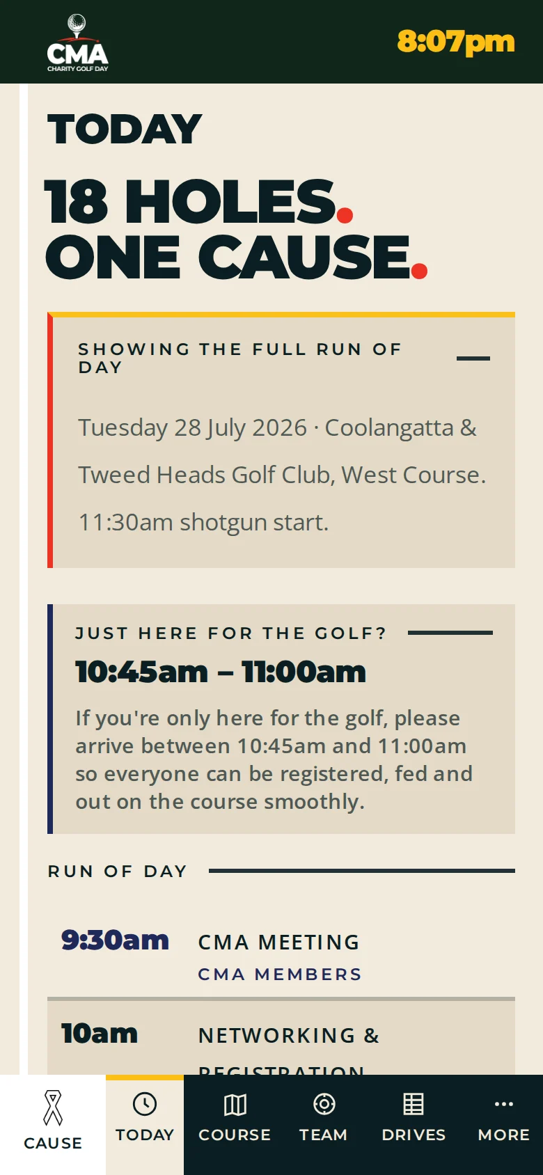 The golf day app's Today screen with the run of day