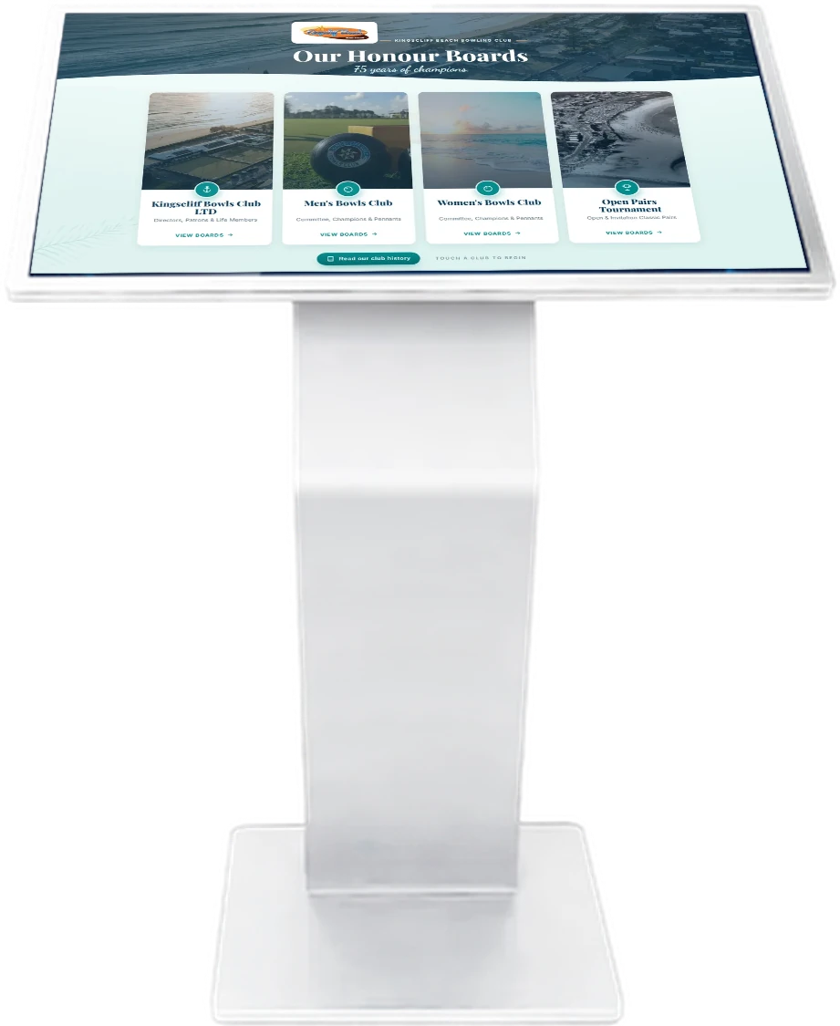 Kingscliff Beach Bowling Club's honour boards on a freestanding Cyberry touch kiosk