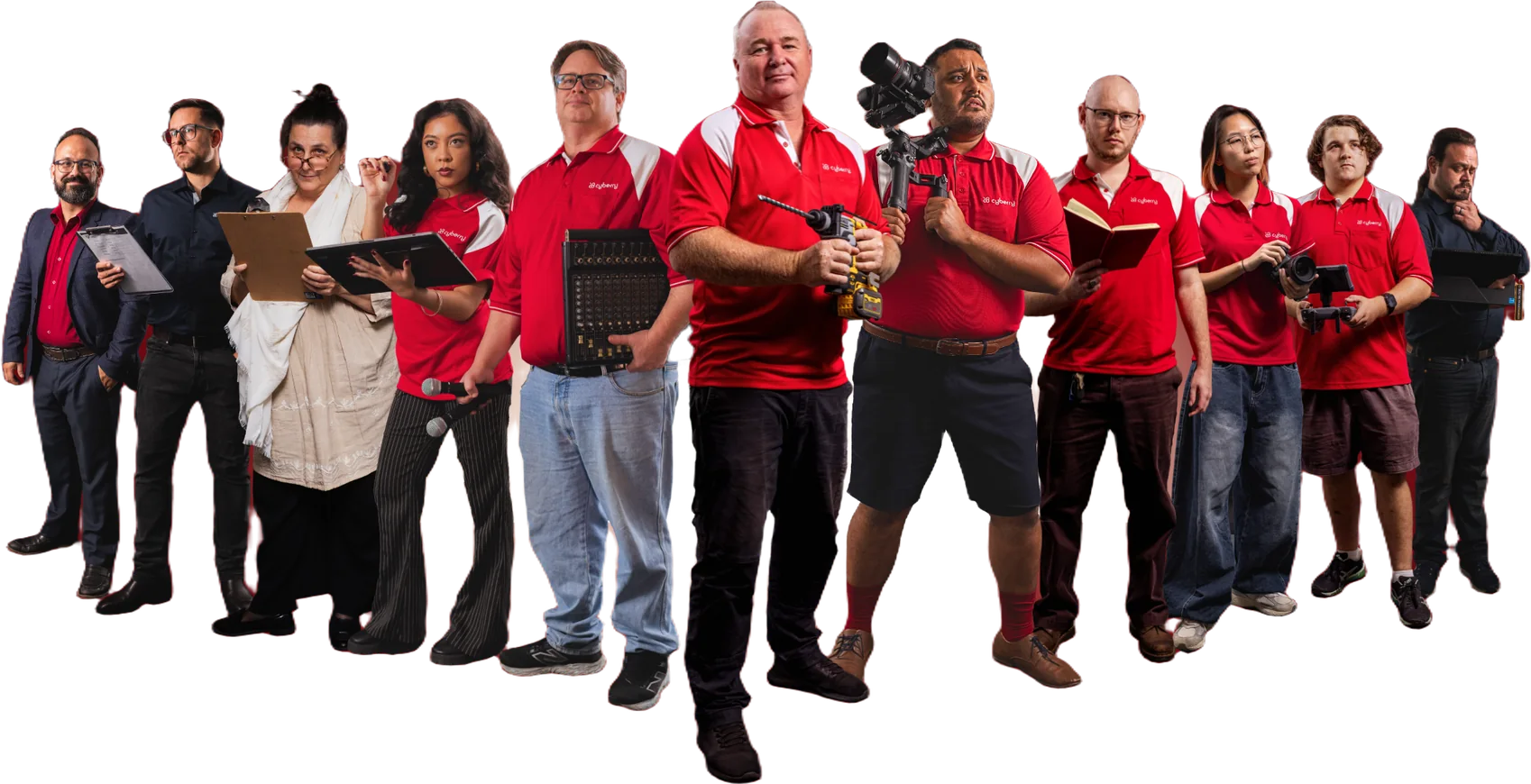 The Cyberry team in red Cyberry polos, holding cameras, a drill, a mixing desk and tablets