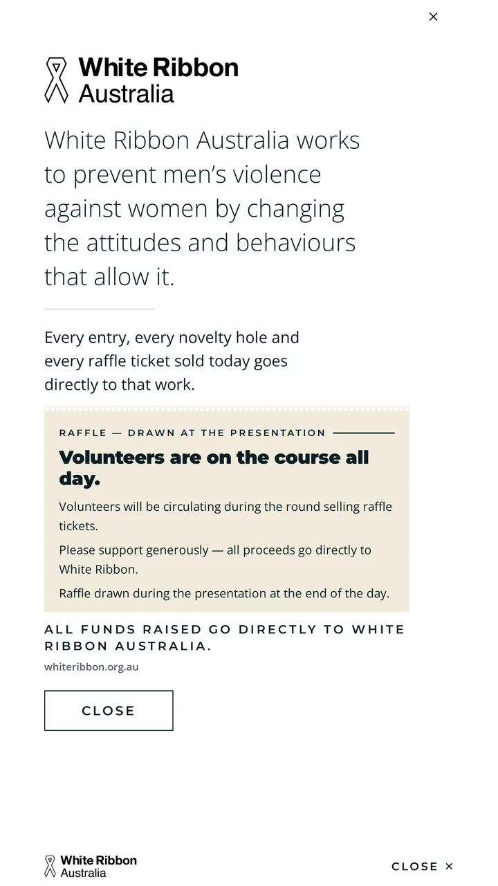 The cause screen — White Ribbon Australia on plain white, the only surface in the build with no texture, no colour and no clock