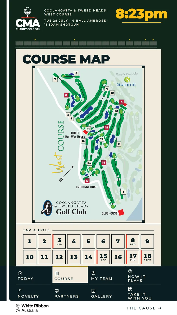 The kiosk course map — the club's own printed West Course sheet with a numbered marker on every tee