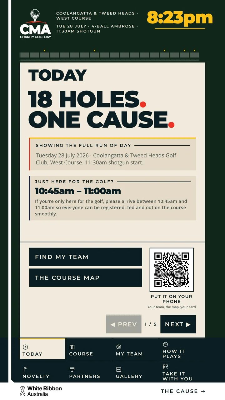 The kiosk's Today screen — 18 holes, one cause, with the full run of day