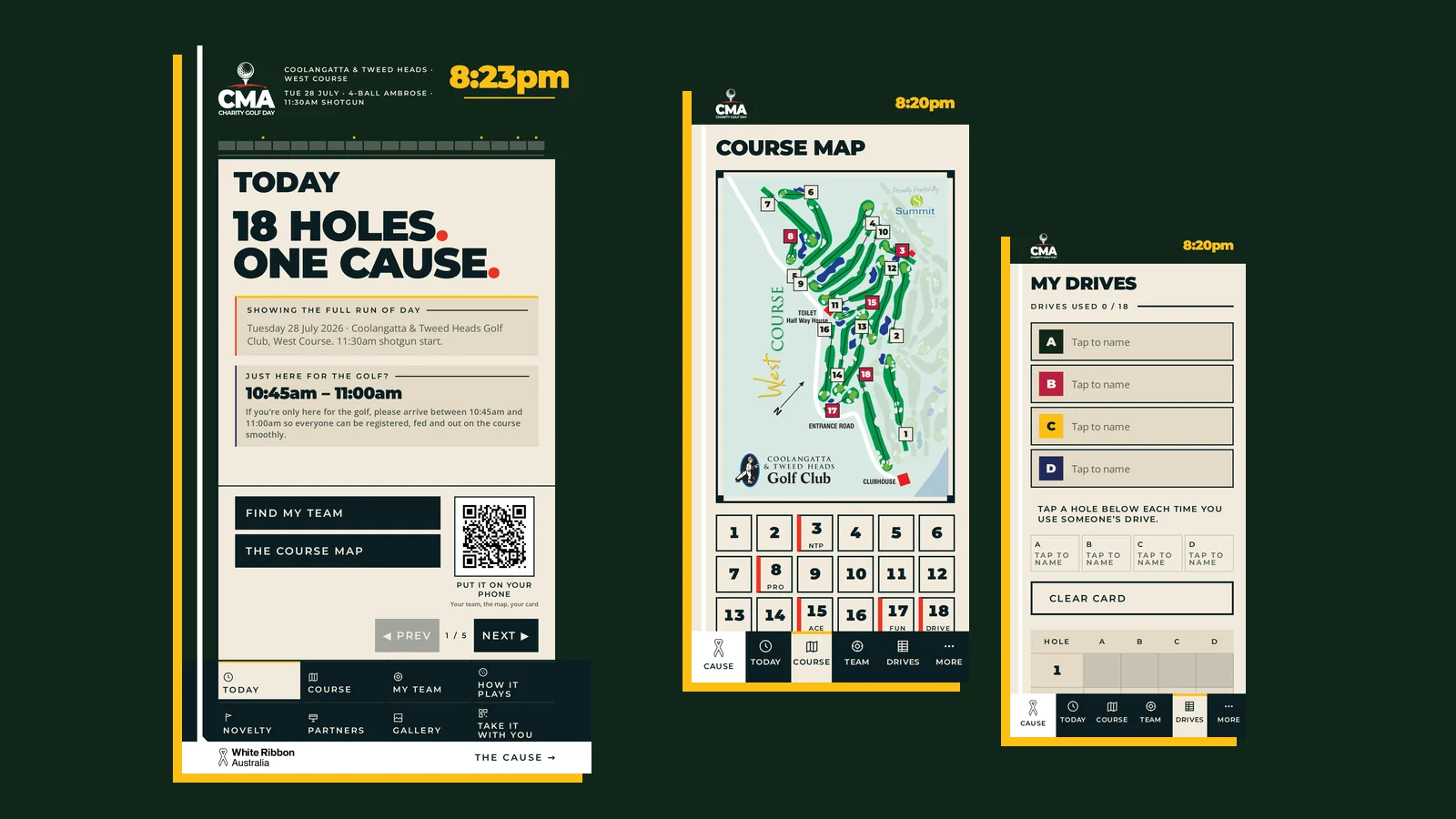 The CMA Charity Golf Day event guide — a portrait clubhouse kiosk beside two phone screens showing the run of day, the course map and the tee-shot card