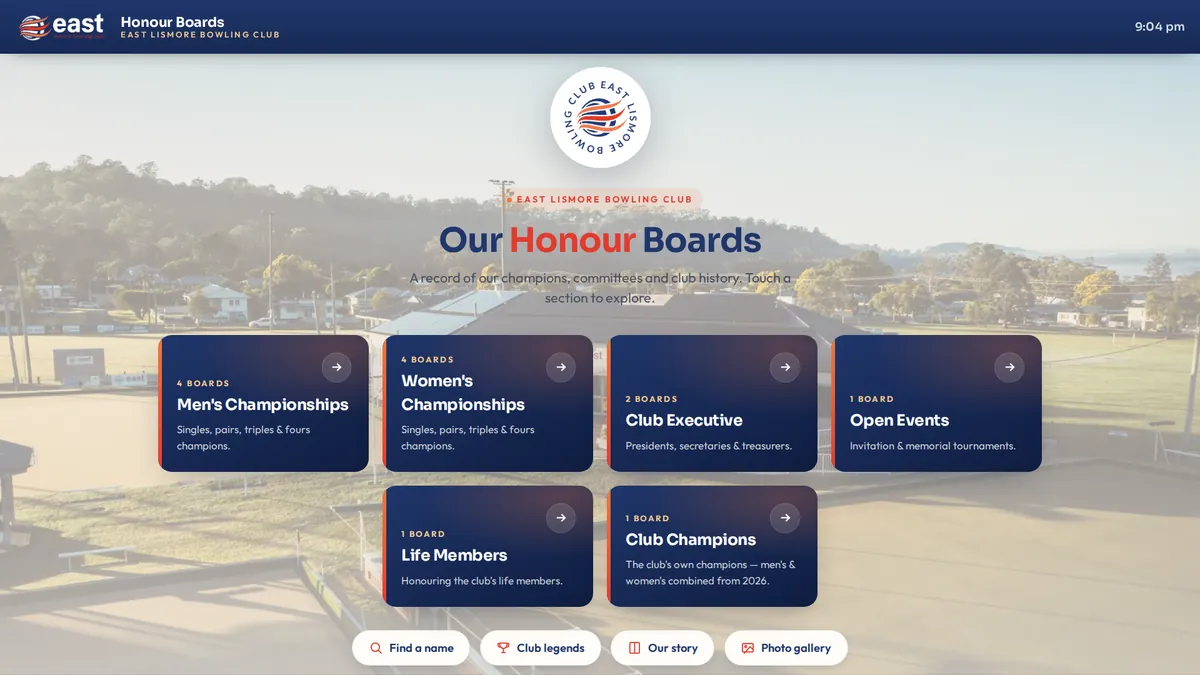 East Lismore Bowling Club touch-screen honour board with championship categories