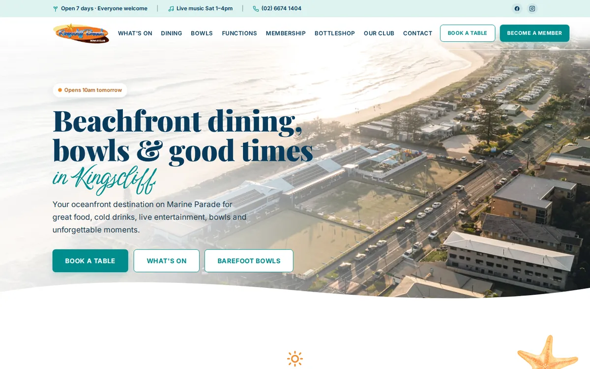 Kingscliff Beach Bowls Club website homepage with a beachfront aerial hero
