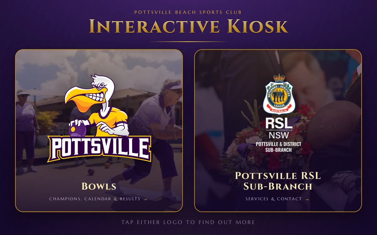 Pottsville Beach Sports Club interactive kiosk home screen with Bowls and RSL Sub-Branch panels