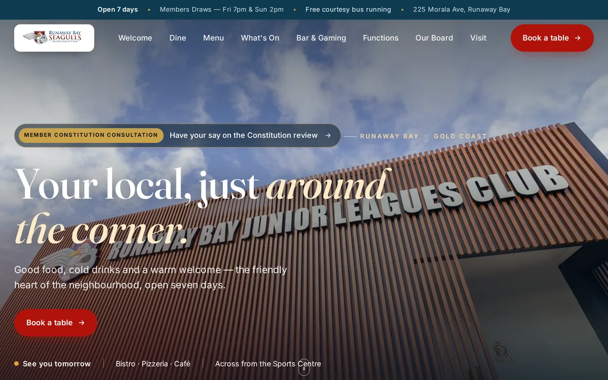 Runaway Bay Junior Leagues Club website homepage over the club facade