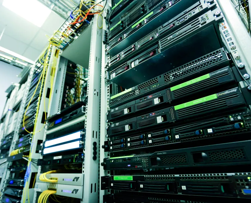 Servers and network switching in a venue rack, checked during a Cyberry technology audit