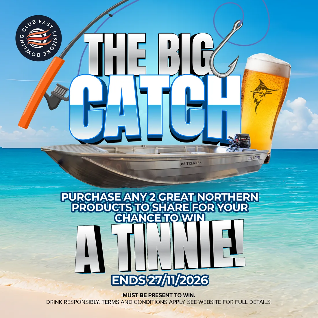 The Big Catch campaign artwork for East Lismore Bowling Club: a tinnie, a beer and a fishing rod on a beach