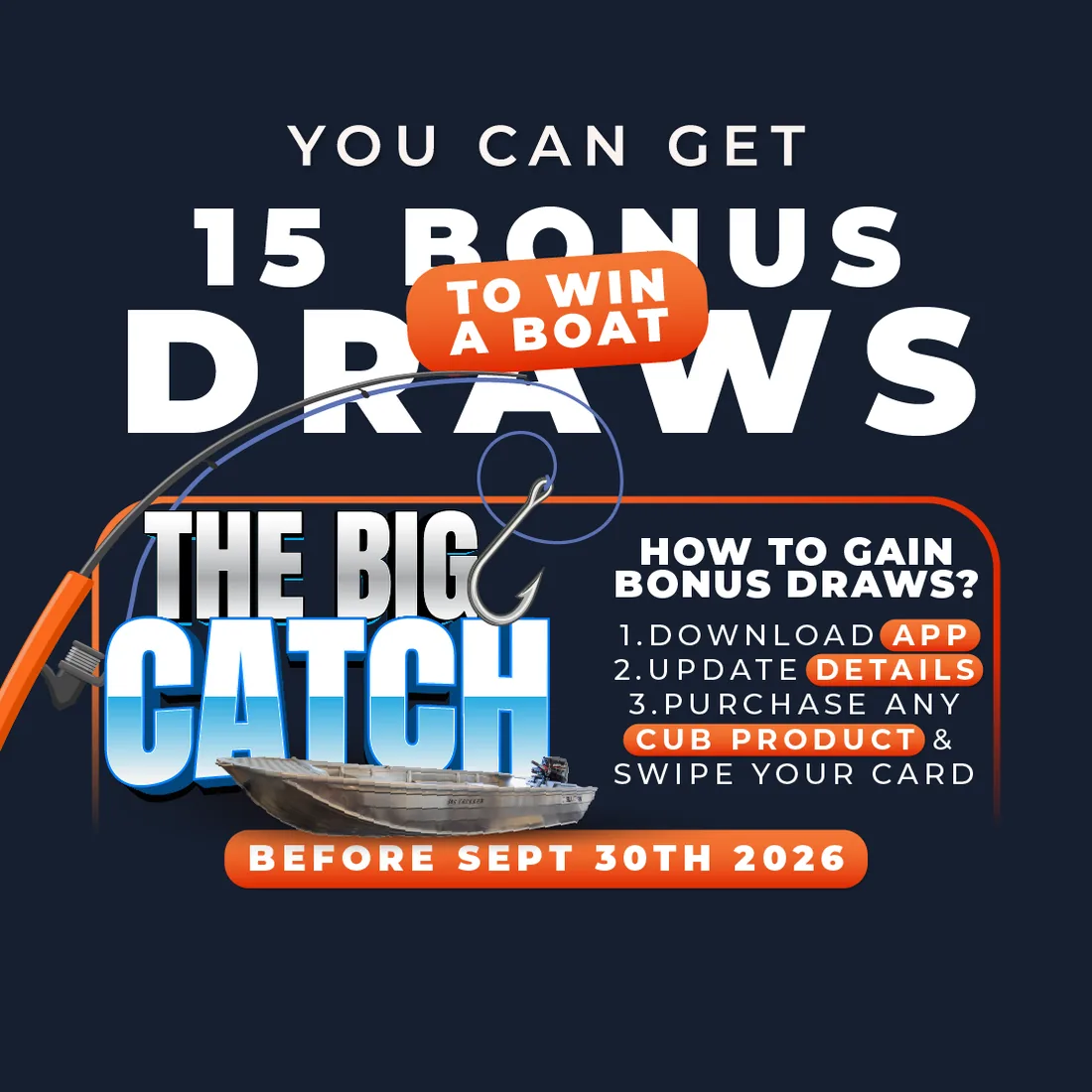 Members artwork: get 15 bonus draws to win a boat by downloading the app, updating your details and swiping your card on a CUB product